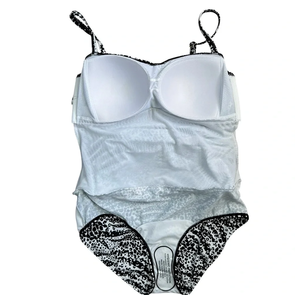 KIM GRAVEL Women’s Skirted 1- Pc. Swimsuit‎ Blk/Wt Leopard Print Ruching Bra 14